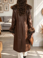 Women's Faux Fur Trim Faux Leather Long Trench Coat