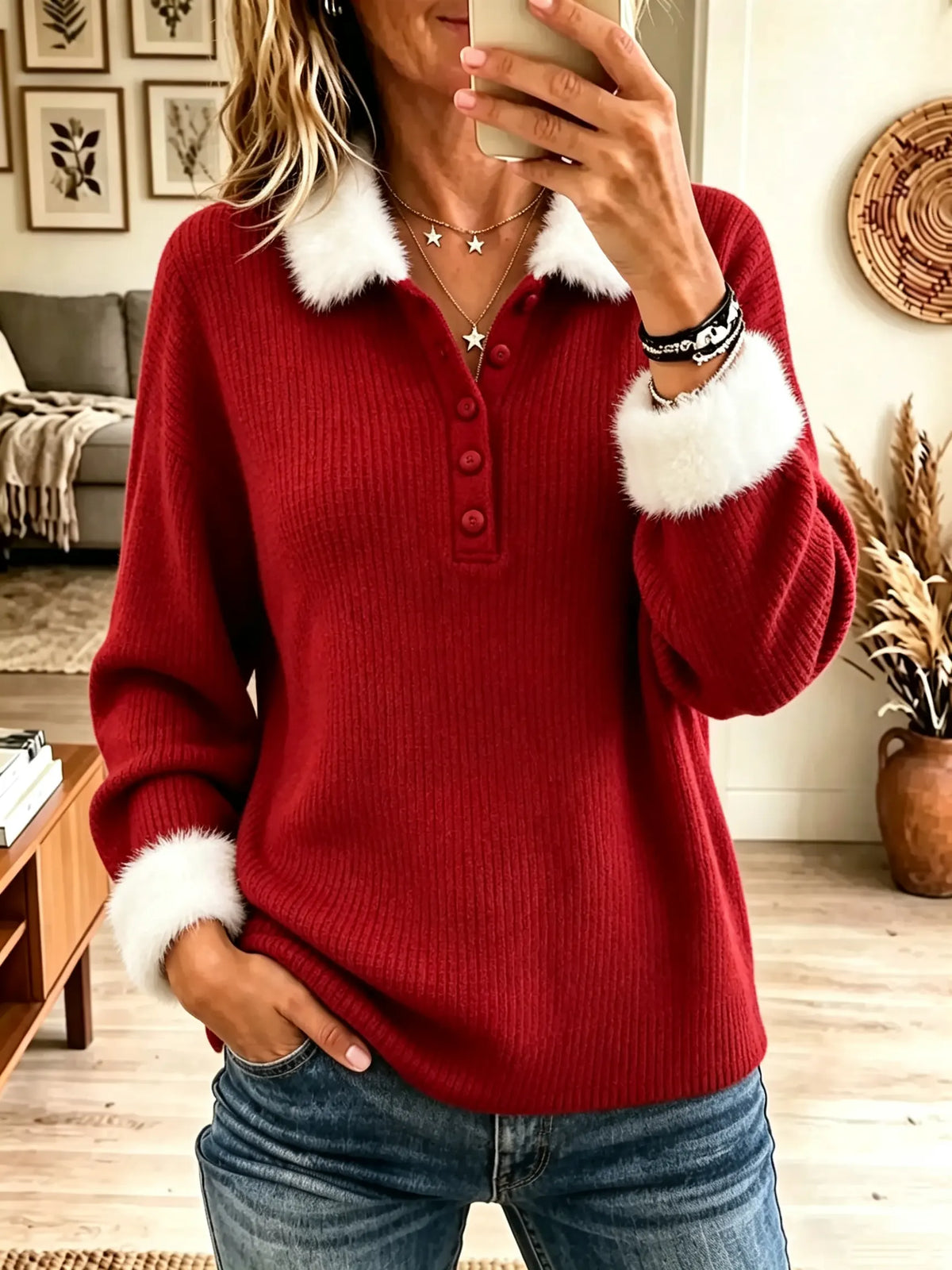 Women's Faux Fur Trim Button Henley Ribbed Sweater