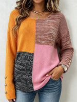 Women's Colorblock Patchwork Knit Sweater, Pearl Button Cuff Long Sleeve Pullover