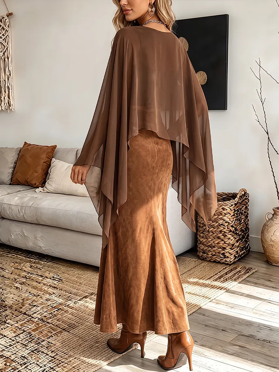 Vintage Elegant Chiffon Patchwork Suede Dress