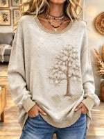 Women's Retro Snowflake Tree Print Crew Neck Sweatshirt