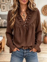 Women's Ruffled V-Neck Button Gauze Peasant Blouse