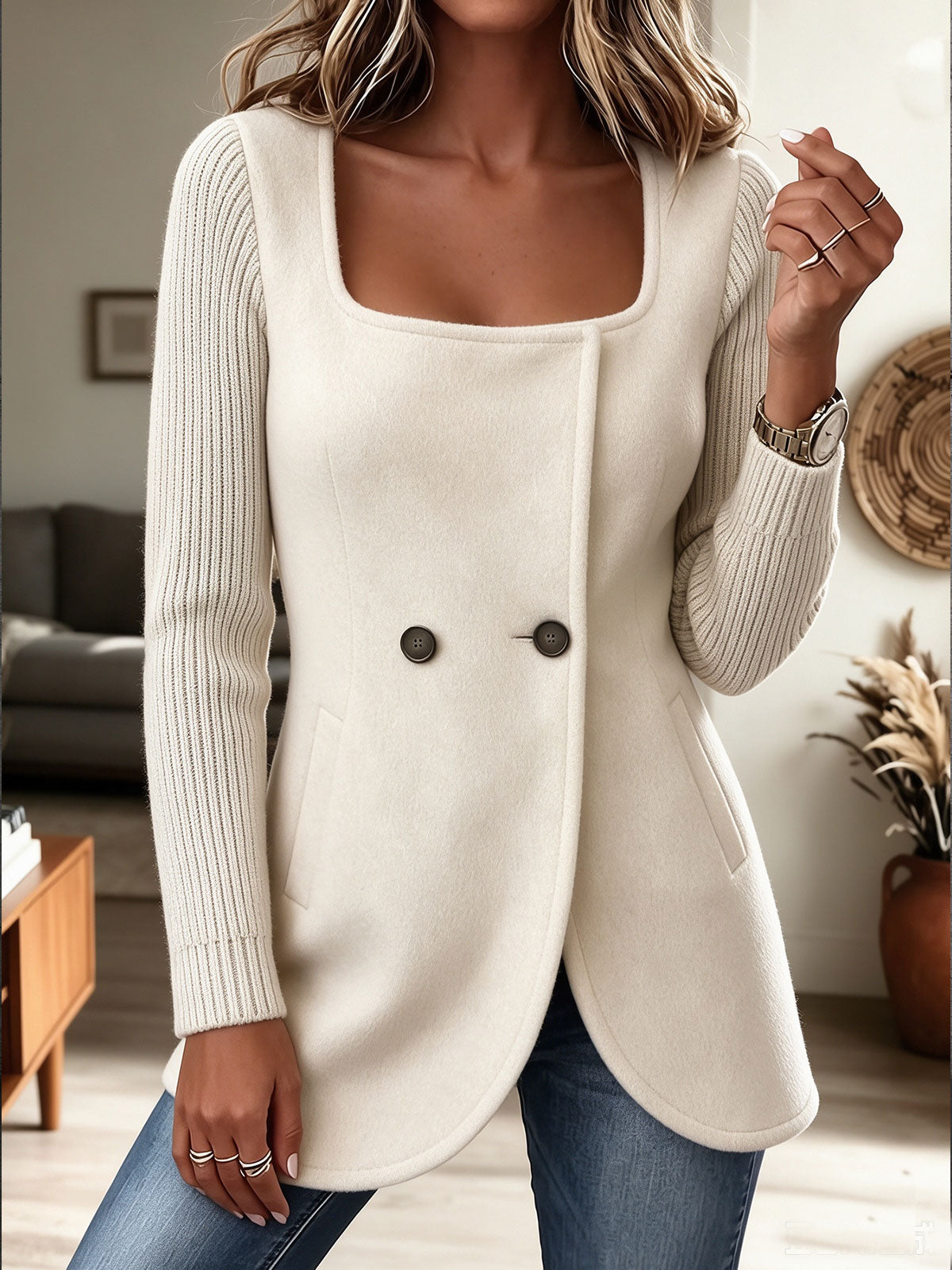 Women Square Neck Double Breasted Coat Knit Sleeve Patchwork Jacket
