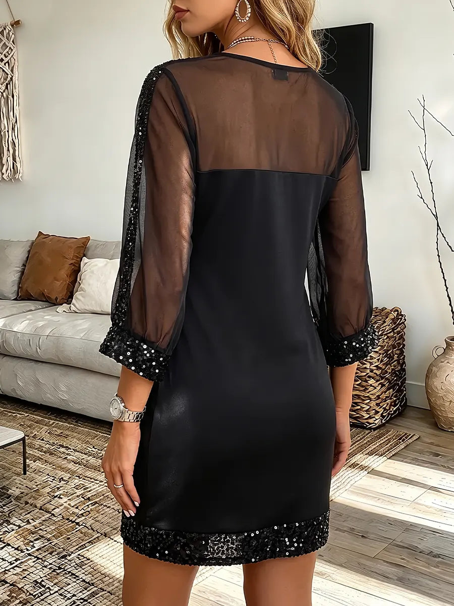 Vintage Elegant Cotton Blend Patchwork Sheer Mesh With Sequins Dress