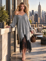 Women's Elegant Black Lace Patchwork Shoulder Sweater Maxi Dress