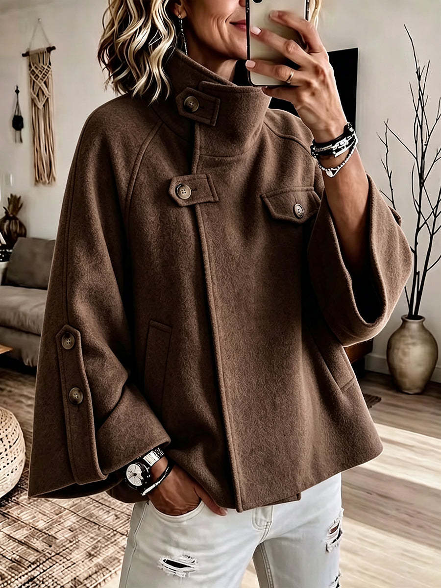 Women's Stand Collar Button Accent Woolen Cape Coat