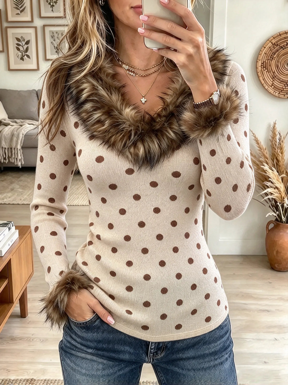 Women's Faux Fur Trim Polka Dot Sweater