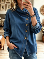 Women's Asymmetric Button Denim Jacket, Stand Collar Roll Up Sleeve Jean Coat