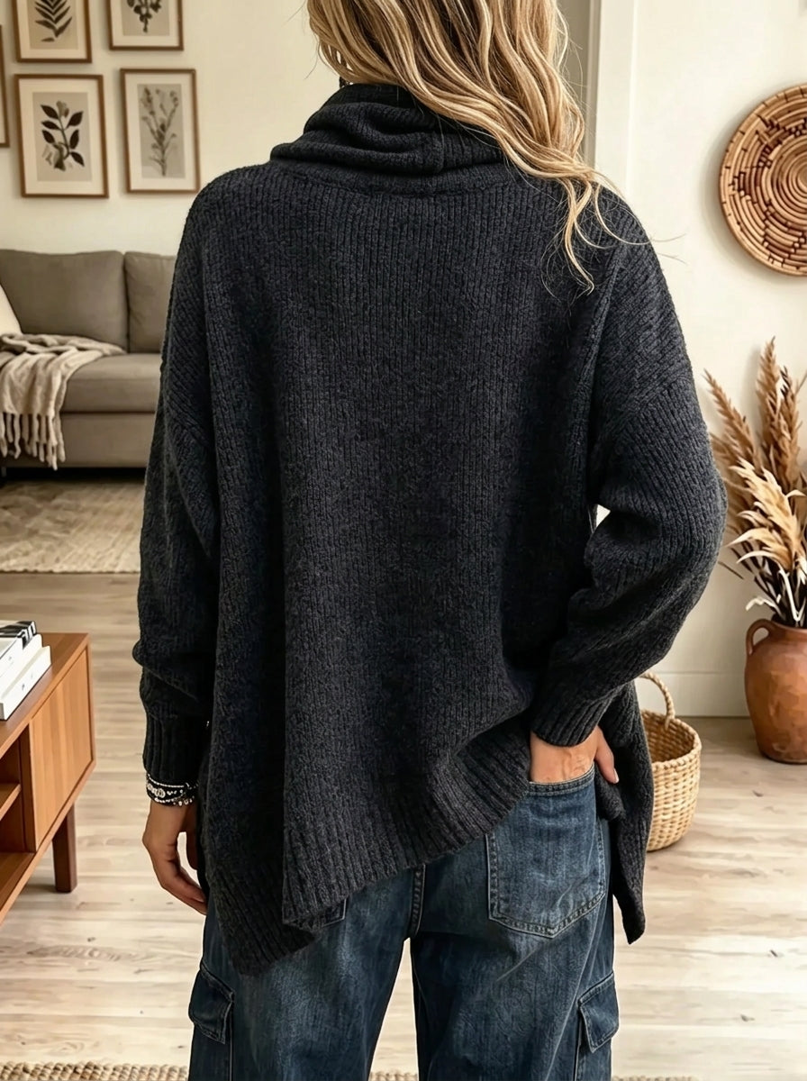 Women's Asymmetric Button Cowl Neck Ribbed Sweater