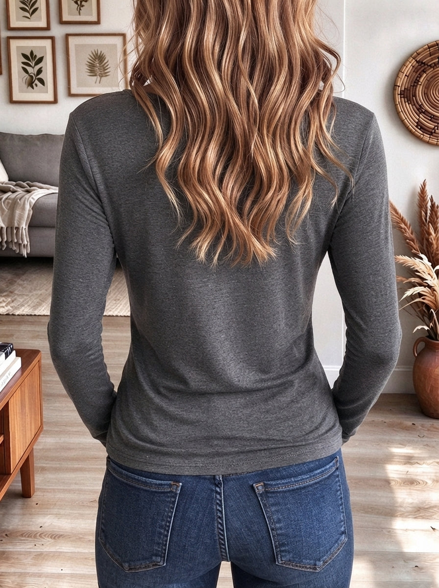 Women's Dark Grey Henley Long Sleeve Top With Built-in Black Lace Cami Layer And Knot Hem