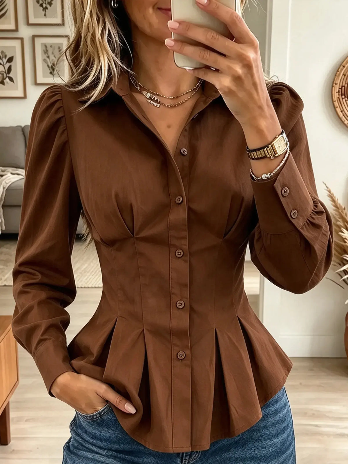 Women's Pleated Peplum Button-Down Shirt