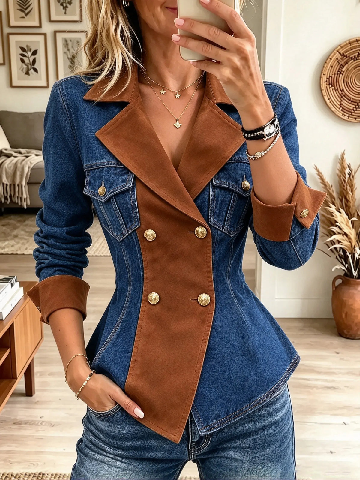 Women's Colorblock Suede Lapel Denim Blazer