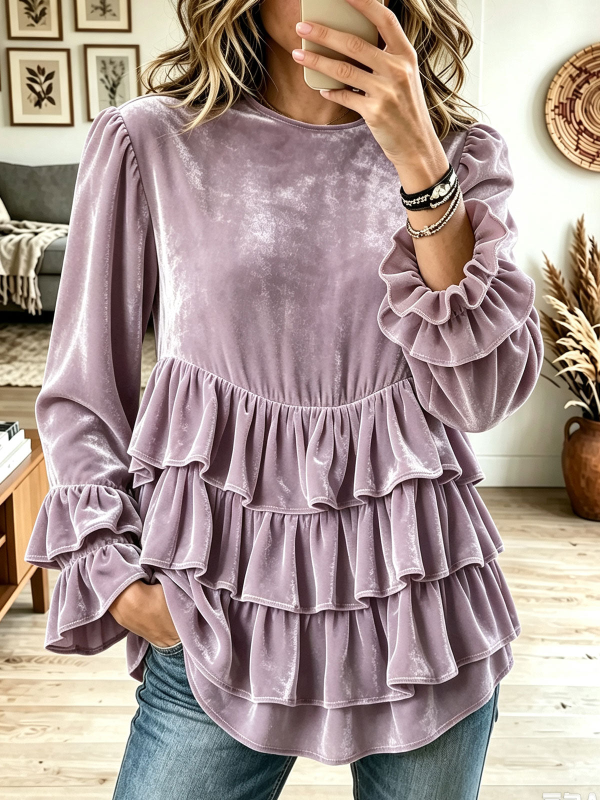 Women's Round Neck Velvet Long Sleeve Top, Tiered Ruffle Peplum Blouse