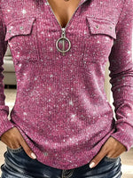 Vintage Pink Shiny Pattern Zip Art Casual Stylish Hooded Long Sleeve Top