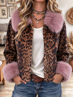 Women's Leopard Print Winter Coat with Pink Fux Fur Collar and Cuffs