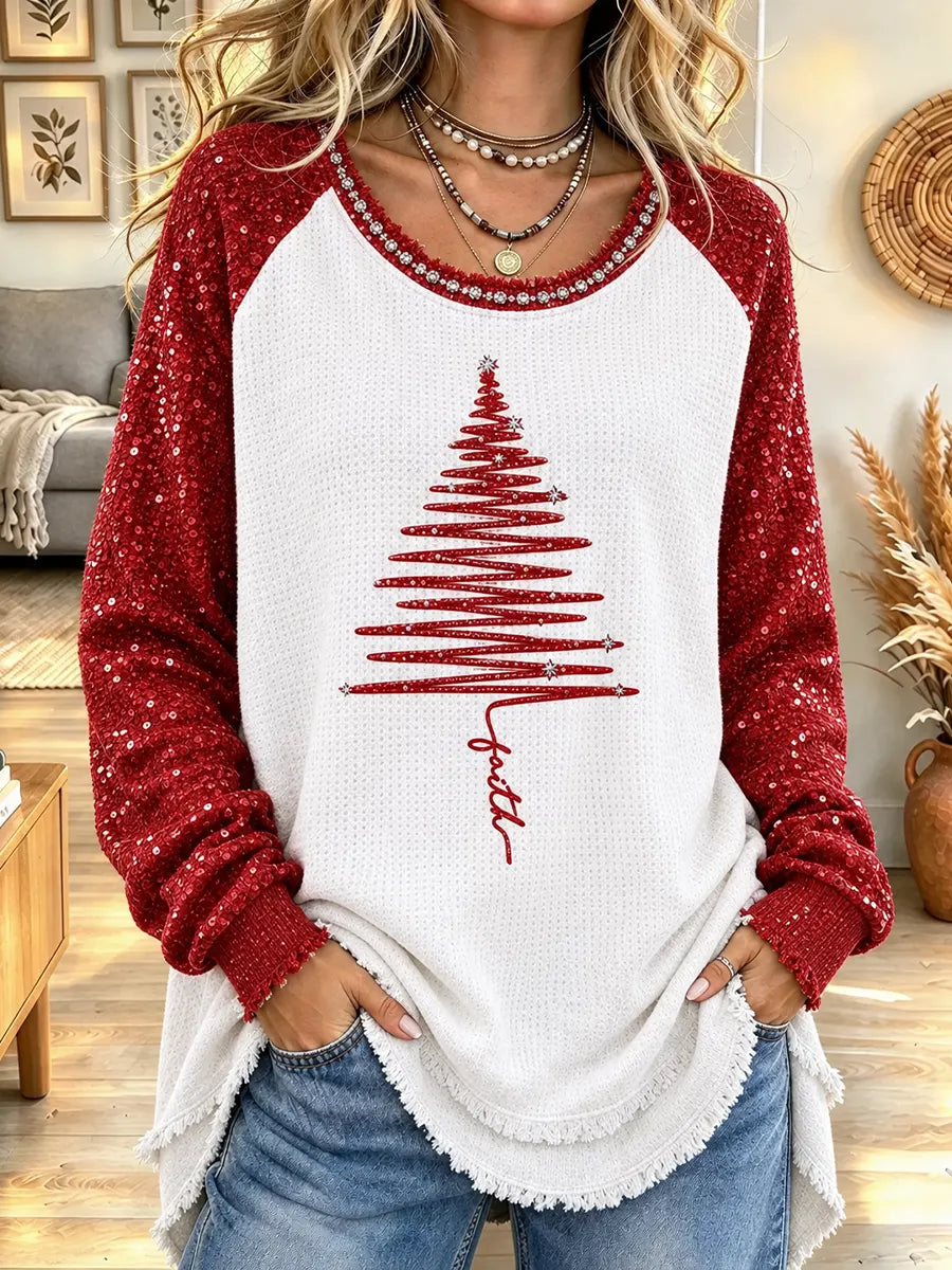 Women's Retro Christmas Print Frayed Edge Top