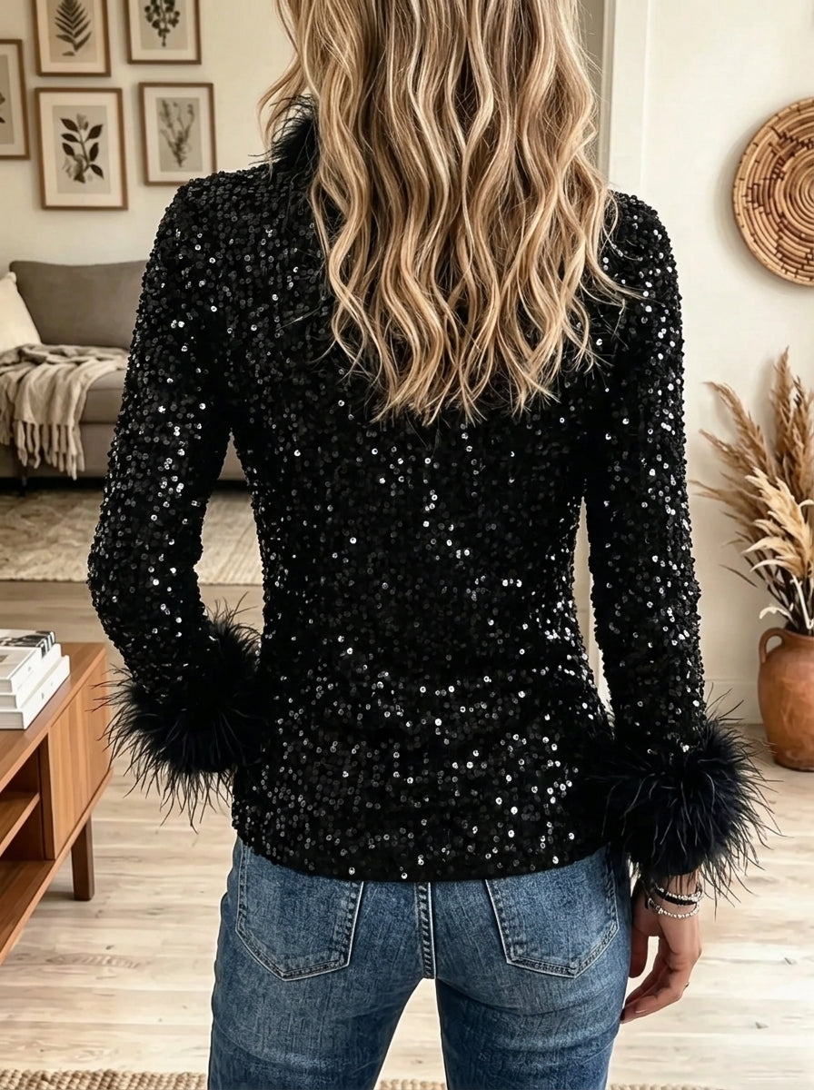 Women's Sequin Feather Cuff Mock Neck Top