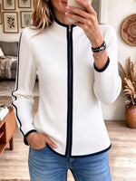 Women's White Ribbed Knit Zip-Up Top with Navy Blue Trim Details