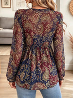 Retro Ethnic Floral Pattern Art Print Casual Stylish Long Sleeve Mesh V Collar Shirt