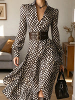 Vintage Chic Diamond Print Lapel Art Casual Stylish Long Sleeve Dress