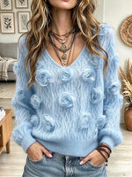 Women's 3D Rosette Embellished V-Neck Cable Knit Sweater