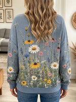 Women's Hazy Blue Wildflower and Daisy Botanical Print Henley Sweatshirt