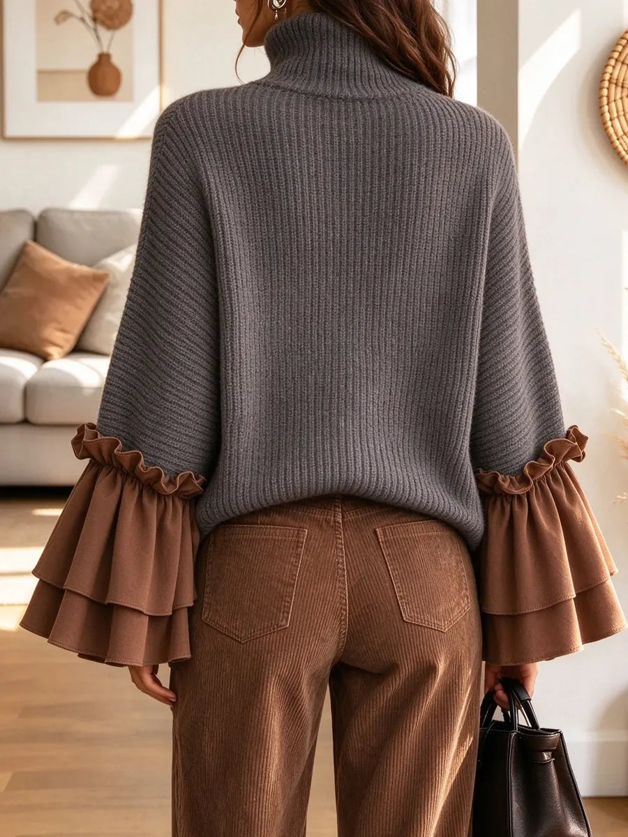 Retro Turtleneck Art Casual Stylish Ruffle Long Sleeve Knit Sweater