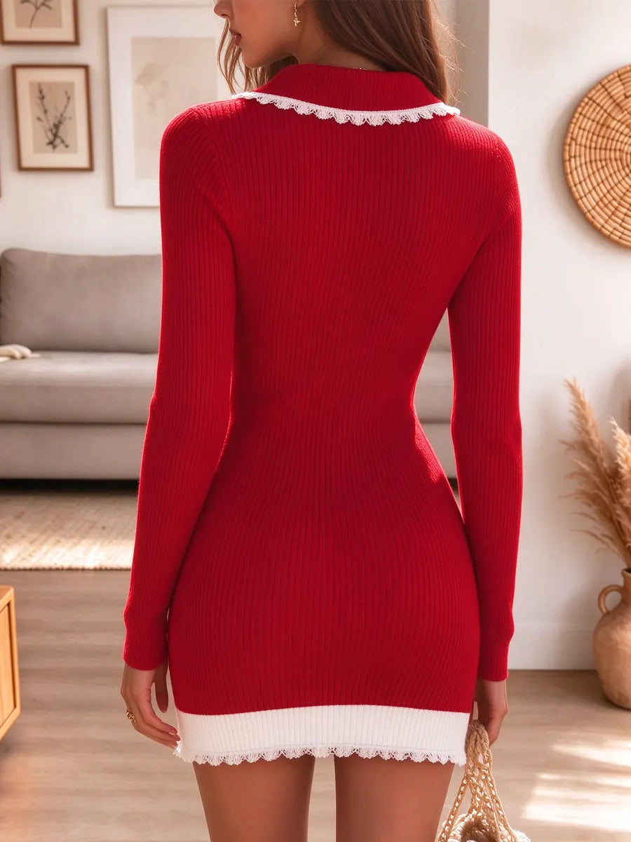 Vintage Sweet Peter Pan Collar Knit Art Casual Stylish Long Sleeve Mini Dress