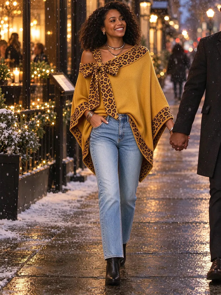 Women's Elegant Leopard Print Off-shoulder Loose Cape-style Knit Top