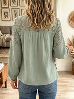 Women's Floral Lace Yoke Button Cotton Blouse