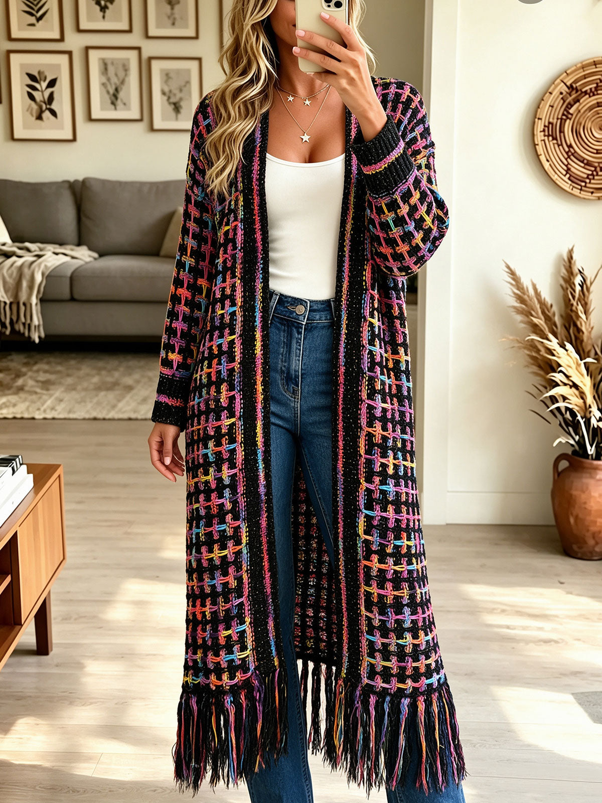Women's Colorful Plaid Fringe Long Knit Cardigan, Open Front Boho Maxi Sweater Coat