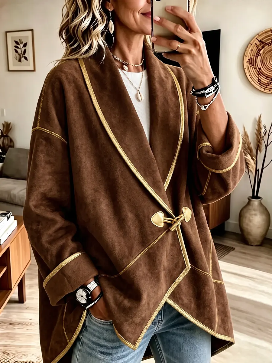 Women's Vintage Elegant Asymmetrical Suede Gold Trim Jacket