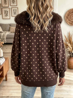 Women's Faux Fur Collar Polka Dot Zip Jacket