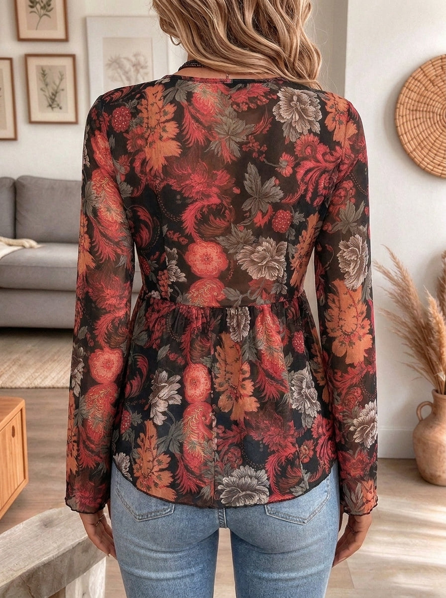 Women's Black and Red Bold Floral Print Tie Front Sheer Long Sleeve Blouse