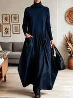 Women Turtleneck Knit Patchwork Maxi Dress, Loose Pleated Flowy Long Dress With Pockets