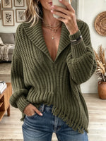 Women's Fringed Hem Shawl Collar Ribbed Knit Sweater
