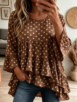 Women's Brown Polka Dot Multi-Tiered Ruffle Hem Long Sleeve Blouse