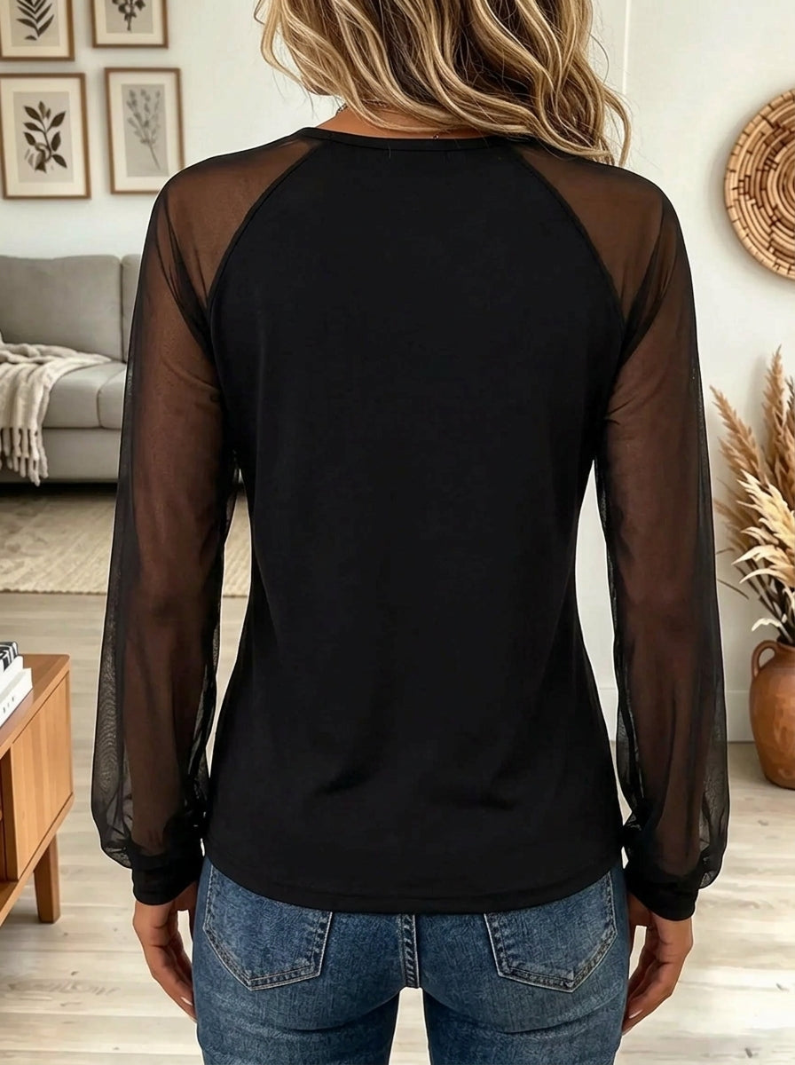 Women's Sheer Mesh Raglan Sleeve Crewneck Top
