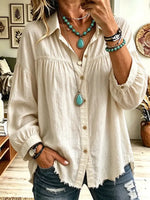 Retro Solid Color Art Lapel Casual Stylish Long Sleeve Cotton Linen Shirt