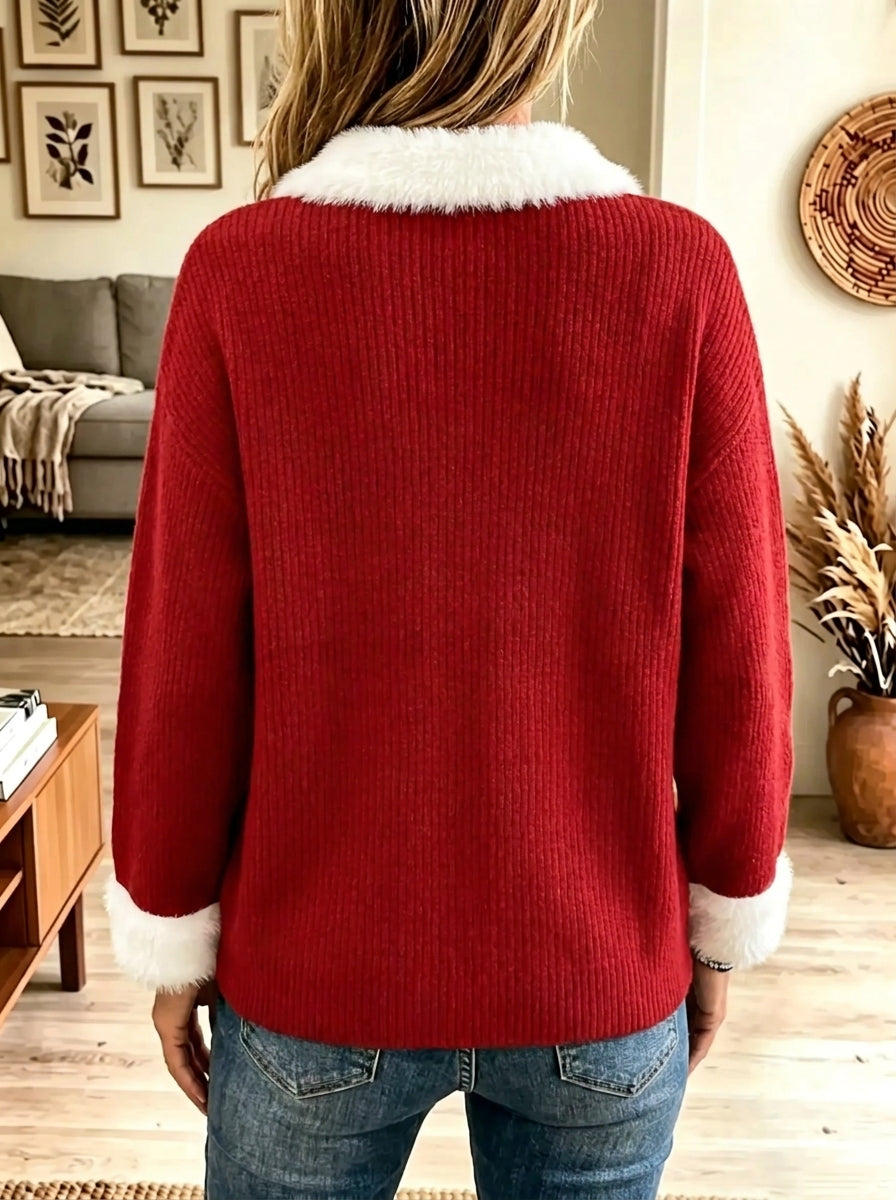 Women's Faux Fur Trim Button Henley Ribbed Sweater