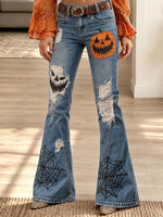 Women's Vintage Halloween Pumpkin Face Spider Web Print High Waist Casual Jean