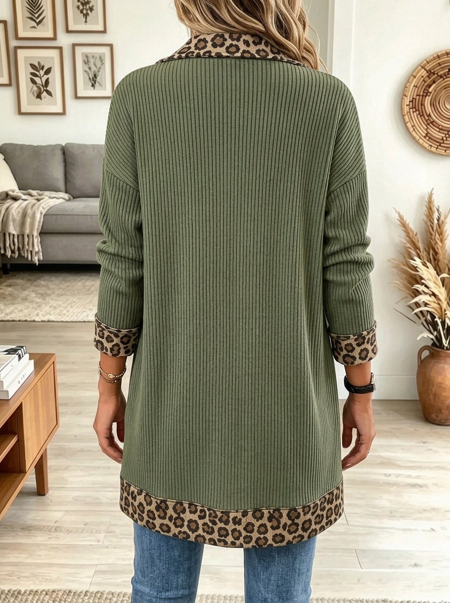 Women's Leopard Trim Lapel Ribbed Knit Cardigan