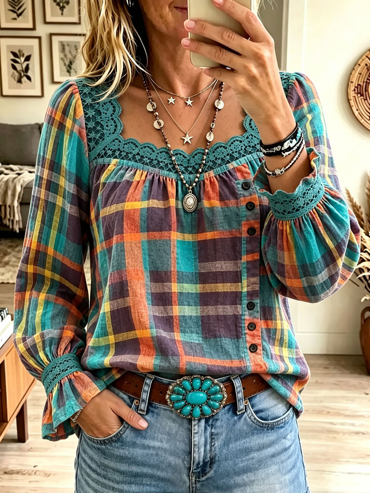 Women's Plaid Lace Square Neck Blouse, Puff Long Sleeve Button Down Western Casual Top