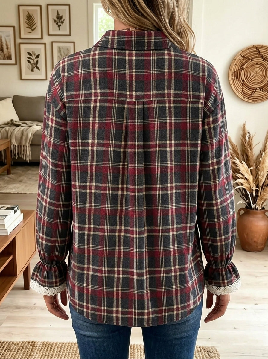 Plaid Button Down Shirt with Lace Cuff