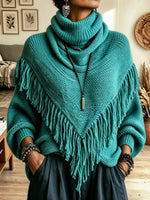 Women's High-neck Asymmetrical Triangular Shawl-style Tassel Knit Top
