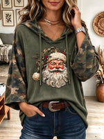 Women's Olive Green Camo Patchwork Hoodie Sweatshirt with 3D Santa Claus Applique