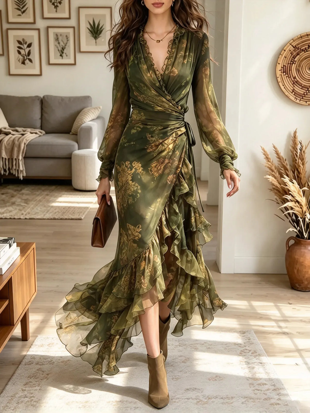 Women's Ruffled Hem Floral Wrap Maxi Dress