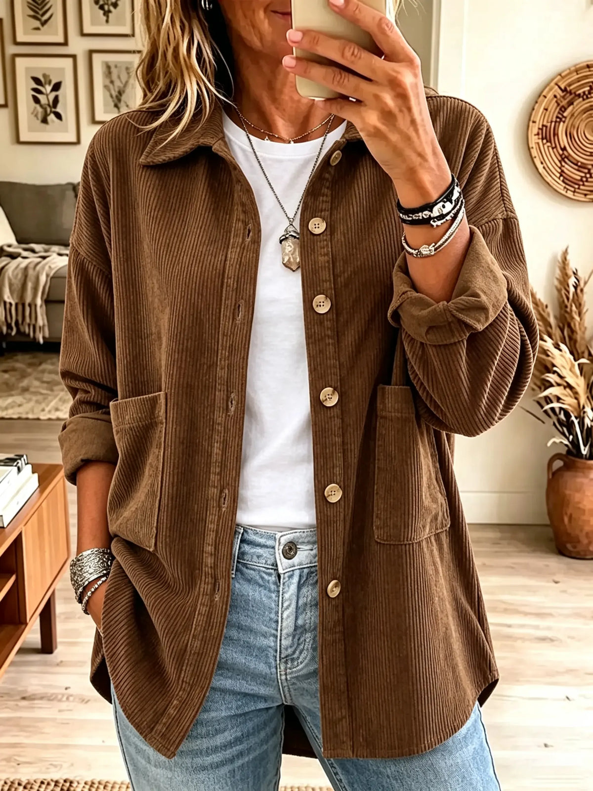 Women's Button-Down Ribbed Corduroy Shacket