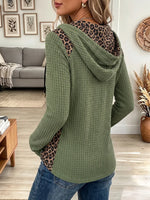 Vintage Elegant Leopard Patchwork Waffle-knit Hoodie Sweatshirt