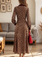 Women's Leopard Print Wrap Midi Dress with Contrast Striped Trim